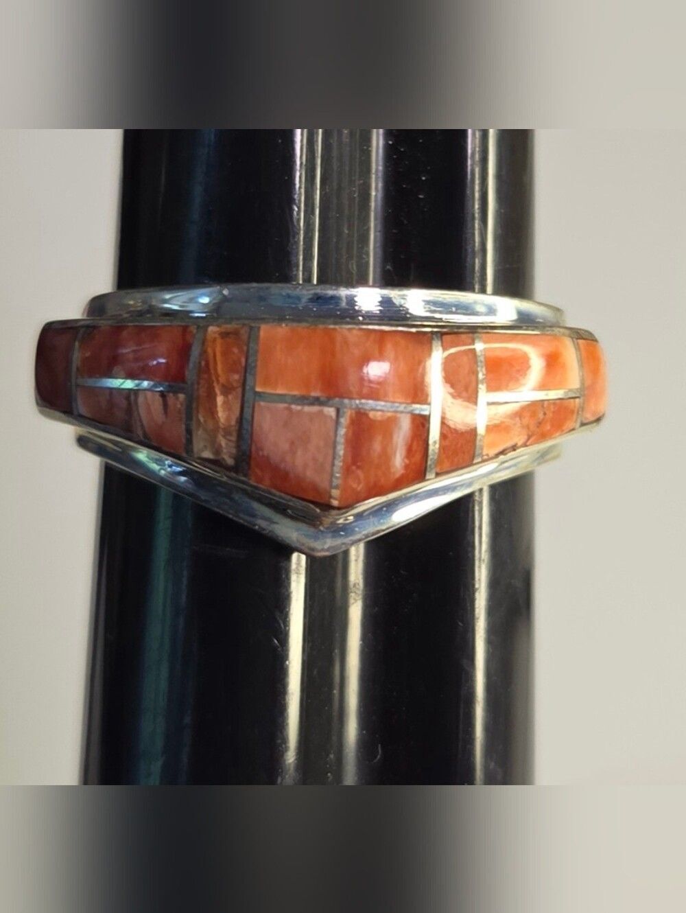 Sterling Silver Coral Inlay V-Shaped Women's Ring - Orange Coral